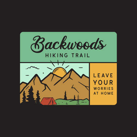 Vintage camping adventure logo emblem illustration design. Outdoor label with tent, mountain scene and text - Backwoods Hiking Trails. Unusual linear hipster style sticker. Stock vector.のイラスト素材