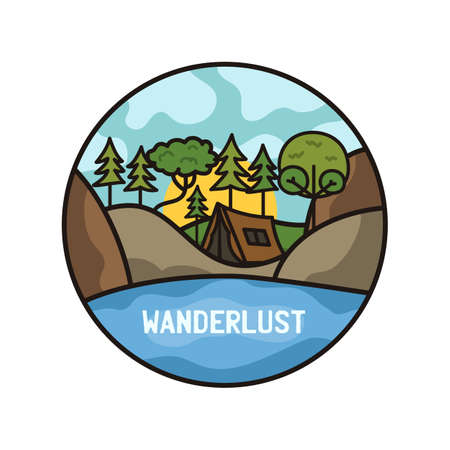 Wanderlust adventure logo, hiking emblem design with camping scene, tent and hills. Unusual line art retro style sticker. Stock vector vintage label artのイラスト素材