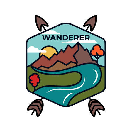 Vintage wanderer logo emblem template, adventure badge design with mountains, arrows and river. Unusual line art retro style sticker. Stock vector artのイラスト素材