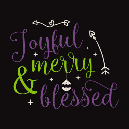 Christmas lettering quote. Silhouette calligraphy poster with quote - Joyful Merry Blessed. With santa hat, candy. Illustration for greeting card, t-shirt print, mug design. Stock vector artのイラスト素材