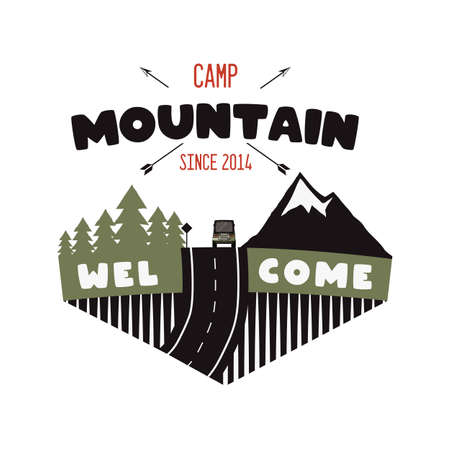 Mountain camp , retro camping adventure emblem design with mountains, arrows and RV trailer. Unusual vintage art style sticker. Stock vector retro labelのイラスト素材