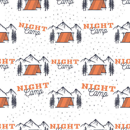 Camp night pattern. Adventure seamless background. Nature hiking scene. Stock vector textureのイラスト素材