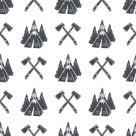 camping pattern with backpack, trees and pine cone symbols. Adventure seamless wallpaper. Stock vector isolated on white background. Monochrome designのイラスト素材