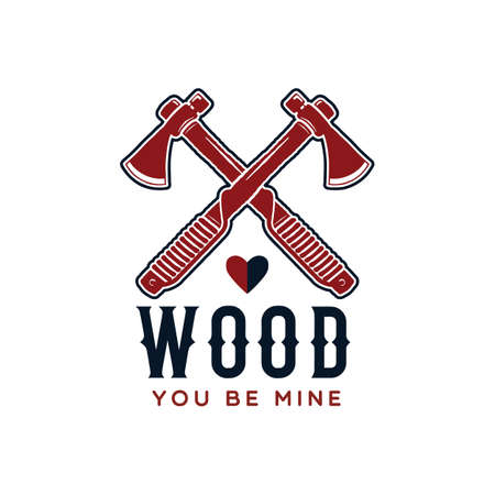 Lumberjack logo emblem design. Wood you be mine quote text. Vintage Outdoor adventure label with axes. Unusual hipster style sticker. Stock vector.のイラスト素材