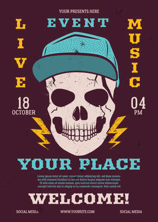 Live eventmusic vector flyer, music poster background template with trendy skull head. Rock N Roll background. Vector design illustrationのイラスト素材