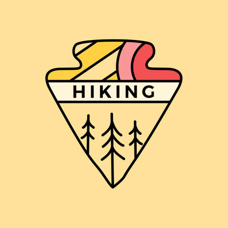 Hiking logo emblem template, adventure label design with trees. Unusual line art retro style sticker. Stock vector badge artのイラスト素材