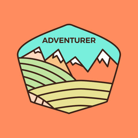 Vintage adventurer line art emblem template, adventure badge design with mountains. Unusual linear retro style sticker. Stock vector. Pastel colorsのイラスト素材
