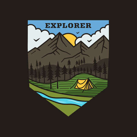 Vintage mountain explorer, adventure emblem design with mountains scene, tent and river. Unusual line art retro style sticker. Stock vectorのイラスト素材