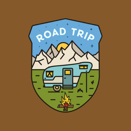 Road trip, camping adventure emblem design with mountains, RV trailer and travel scene. Unusual line art retro style sticker. Stock vectorのイラスト素材