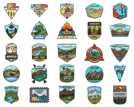 Camping adventure set. Vintage travel emblems. Hand drawn badges stickers designs bundle. Wanderlust, national park, scouts labels.のイラスト素材