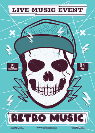 Retro Rock music vector flyer, live event poster background template with vintage skull head. Rock On background. Vector design illustrationのイラスト素材