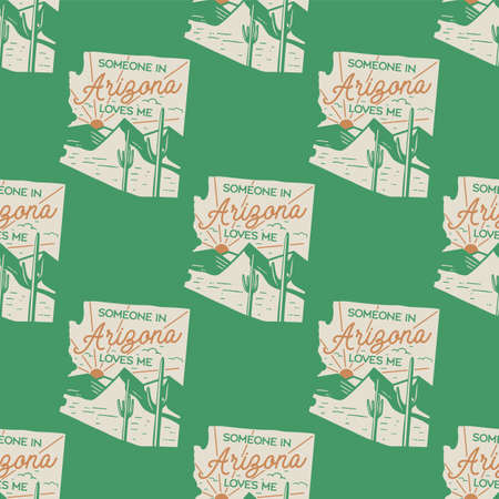 Us state Arizona badges pattern. Camping Adventure seamless background with landscape and text. Stock vector textureのイラスト素材