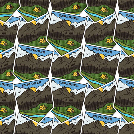 Camping adventure badges pattern. Outdoor hiking seamless background with tent, mountains, cabin life scene. Stock vector explorer wallpaperのイラスト素材
