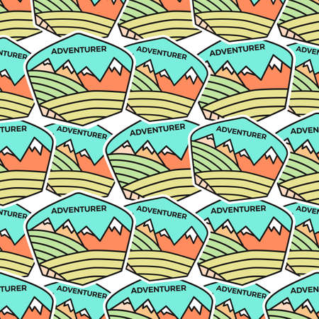 Camping adventure badges pattern. Outdoor adventurer seamless background with tent, mountains, cabin life scene. Stock vector wallpaperのイラスト素材