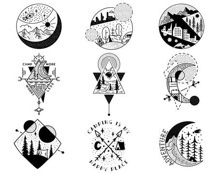 Camping adventure badges set. Outdoor crest logos with mountains, tents and trees. Travel silhouette labels isolated. Sacred geometry. Stock vector tattoo graphics emblemsのイラスト素材