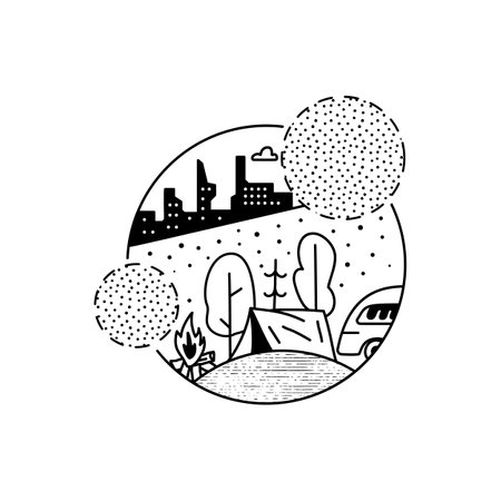 Camping adventure badge design. Camp crest  with tent, RV trailer and urban city landscape. Travel label isolated. Sacred geometry. Stock vector graphics emblemのイラスト素材