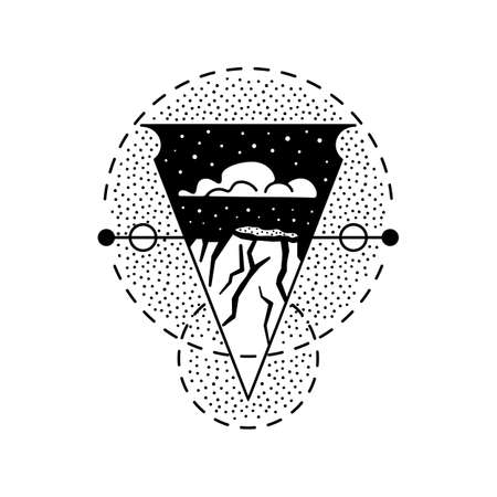 Camping badge design. Camp crest   with mountains and sky. Travel tattoo style label isolated. Sacred geometry. Stock vector graphics emblemのイラスト素材