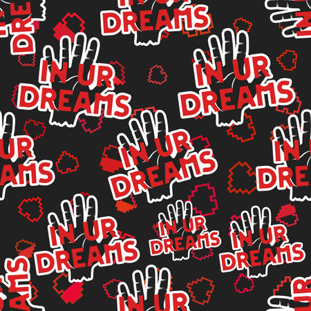 Valentines day sarcastic pattern. In your dreams quote seamless background. Sarcasm wallpaper with hearts and stop hand. Stock vector fashion textureのイラスト素材