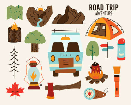 Hiking and road trip adventure vector elementsのイラスト素材