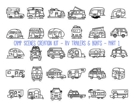 Collection of vector illustrations of outline graphic icons of recreational vehicles RV trailers of various types for summer adventure and camping concept designsのイラスト素材