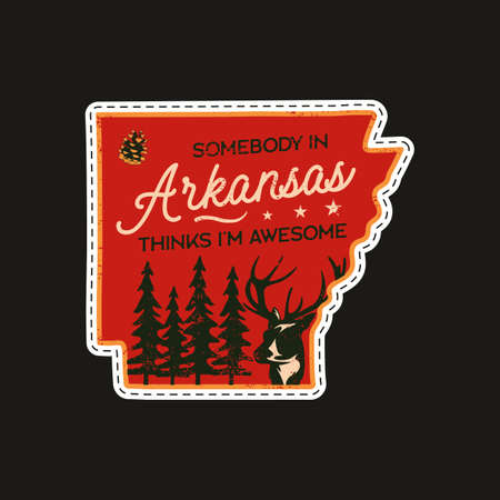 Vintage Arkansas camp patch logo, wild life badge. Someone in Arkansas Thinks Im Awesome quote. Hand drawn sticker design. Travel expedition, outdoor wanderlust emblem with deer. Stock .の写真素材