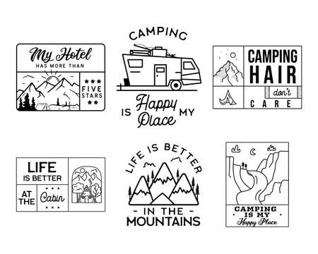 Vintage line art logo designs set. Camping adventure badges. Camp label, hiking insignias bundle. Silhouette linear concept. Stock collectionの写真素材