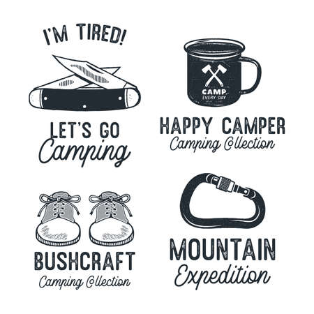Vintage Camping Silhouette Badges with quotes Mountain Expedition. Travel Monochrome Emblems. Hiking Logo Designs Set. Stock vector graphicsのイラスト素材
