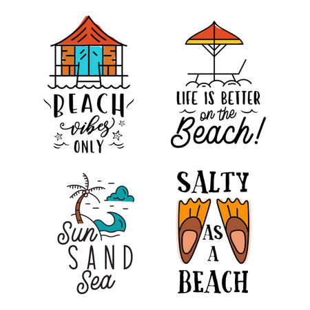 Summer badges set with different quotes and sayings - Salty is a Beach. Retro beach logos. VIntage surfing labels and emblems. Stock vector graphicsのイラスト素材