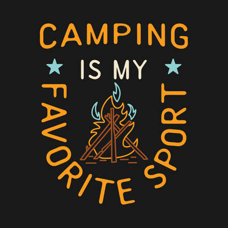 Camping T Shirt Design in minimalist Line Art Style with Quote - Camp is my favorite sport. Travel linear Emblem. Hiking Colorful Label. Stock vectorのイラスト素材