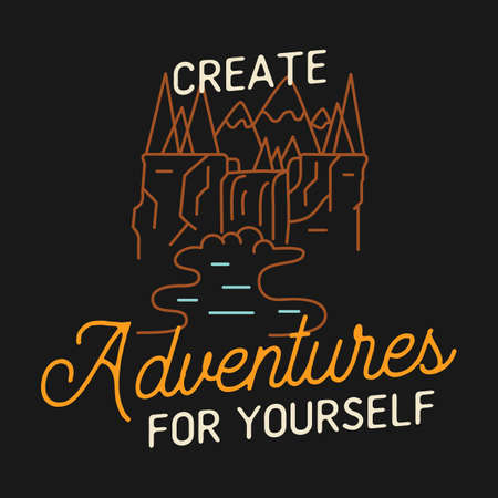 Camping T Shirt Design in minimalist Line Art Style with Quote - Create adventures for yourself. Travel linear Emblem. Hiking Colorful Label. Stock vectorのイラスト素材