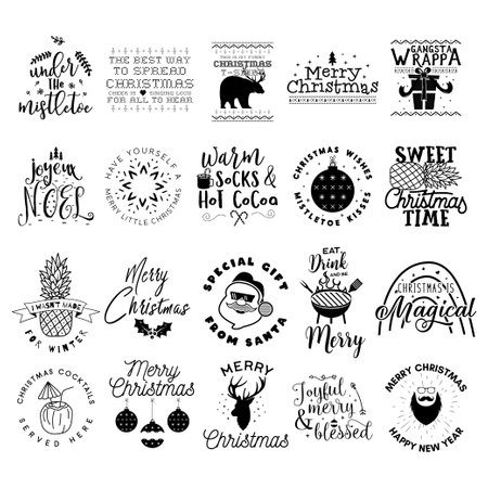 Merry Christmas lettering designs set on dark background. Holidays quotes. Stock vector Christmas typography and calligraphy arts for t-shirt printingのイラスト素材