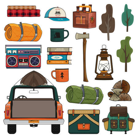 Camping adventure clipart set. Summer hiking and outdoors collection with camp car, backpack, axe, beer and other elements. Stock vector objects isolatedのイラスト素材