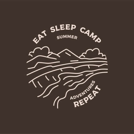 Camping adventure badge design in line art style. Summer outdoors t shirt graphics with quote - Eat sleep camp. Stock vector logo labelのイラスト素材