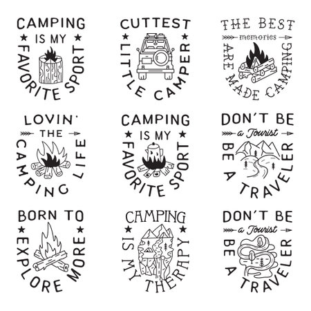 Camping T Shirt Designs Set in minimalist Line Art Style with Different Quotes. Travel linear Emblems. Hiking Silhouette Labels. Stock vector Badgesのイラスト素材