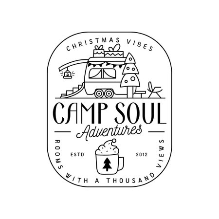 Camping christmas badge design with RV trailer in line art style and quote - Camp soul. Travel logo graphics. Stock vector labelのイラスト素材