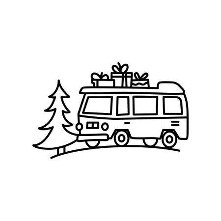 Christmas line icon from the Christmas camping series. Happy Holidays symbol and elements. Stock winter vector. Motorhome RV with gift boxes and treeのイラスト素材