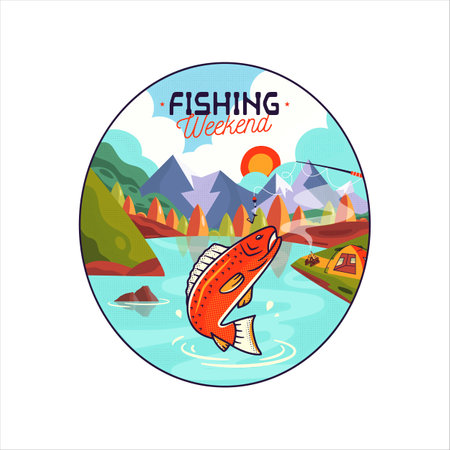 illustration of sticker of fish and rod against campsite in highlands and text Fishing Weekend on white backgroundの写真素材