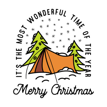 Mountain Camping christmas badge design with colorful tent in line art style and quote most wonderful time of the year. Travel logo graphics. Stock vector labelのイラスト素材