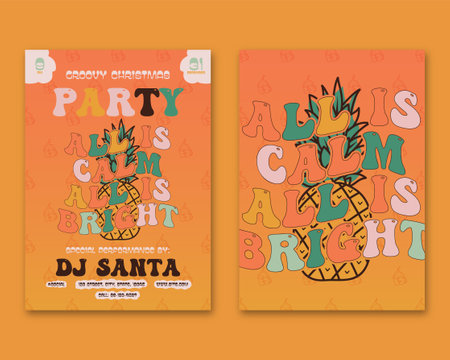 Christmas flyers in modern art deco style. Happy New Year 2023 celebration party cards with flamingo on the scooter. Xmas poster. Stock vectorのイラスト素材