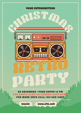 Christmas flyer in modern art deco style. Happy New Year 2023 celebration retro party card with tape recorder. Xmas poster. Stock vectorのイラスト素材