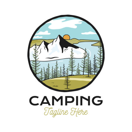 Mountain Camping Adventure badge design with mountains. Travel logo graphics. Stock vector hiking labelのイラスト素材