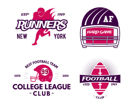 American football logo templates set in modern flat style. Rugby badges isolated on white background. Sports labels collection. Stock vector illustrationのイラスト素材