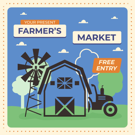 Farmers Market Flyer Poster Template with barn tractor and windmill for your farmers event. Stock Vector Illustration.のイラスト素材