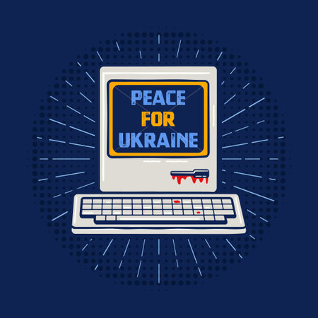 Peace for Ukraine badge design with retro PC and sunbursts. Retro Ukrainian label. Stock vector emblem sticker isolated on lue backgroundのイラスト素材