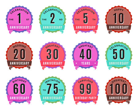 Anniversary Logo Templates Set. Wedding badges in flat modern style and different color palletes. Birthday anniversary labels. Stock vector designsのイラスト素材