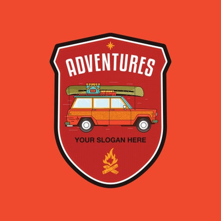 Camping Adventure badge design with camper car, canoe and camp equipment. Travel logo graphics. Stock vector retro label isolated on red backgroundのイラスト素材
