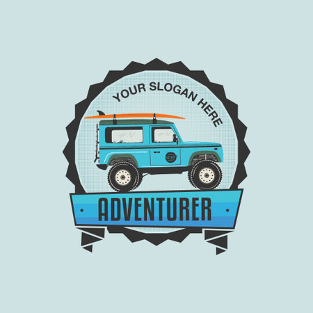 Summer adventurer badge design with surf car and surfboard. Sufing Travel logo graphics. Stock vector retro label isolated on blue backgroundのイラスト素材