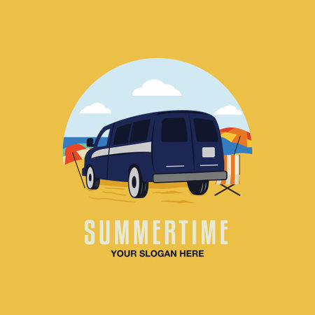 Summertime sufing badge design with rv caravan car on the beach. Travel logo graphics. Stock vector retro label isolated on yellow backgroundのイラスト素材