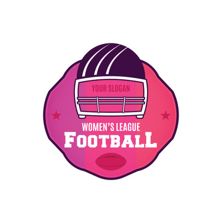 American football logo template. Womens league badge with helmet and ball. Rugby emblem colorful. Stock vector label isolated on white backgroundのイラスト素材