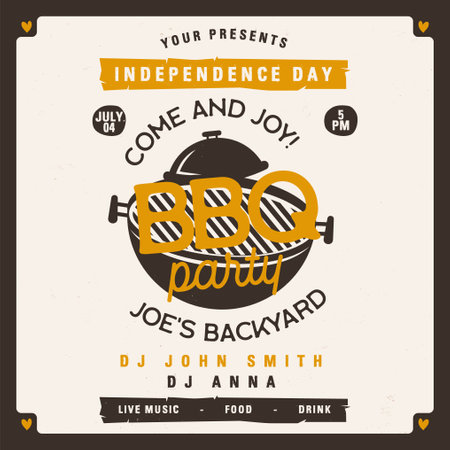 BBQ party for Independence Day card template. BBQ grill square card for social media marketing. Barbecue post design. Stock vector poster flyerのイラスト素材